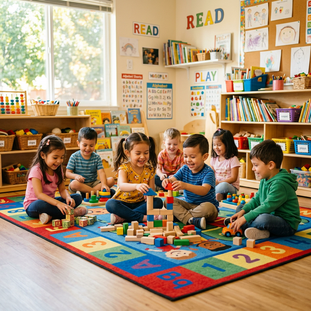 Children learning in colorful classroom