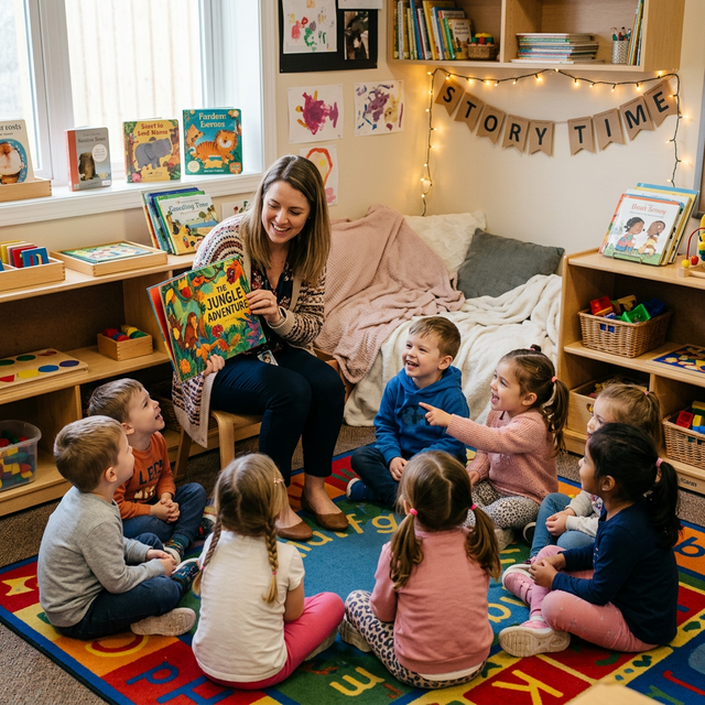 Teacher reading storybook to children